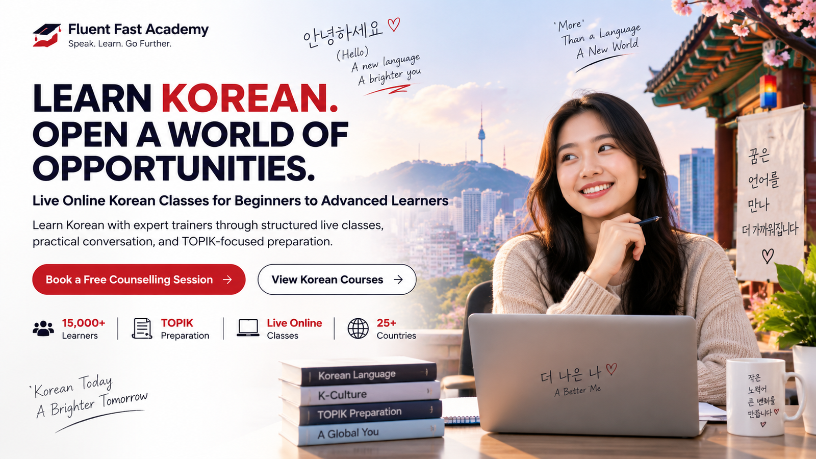 Fluent Fast Academy live online Korean classes for beginners to advanced learners with TOPIK preparation