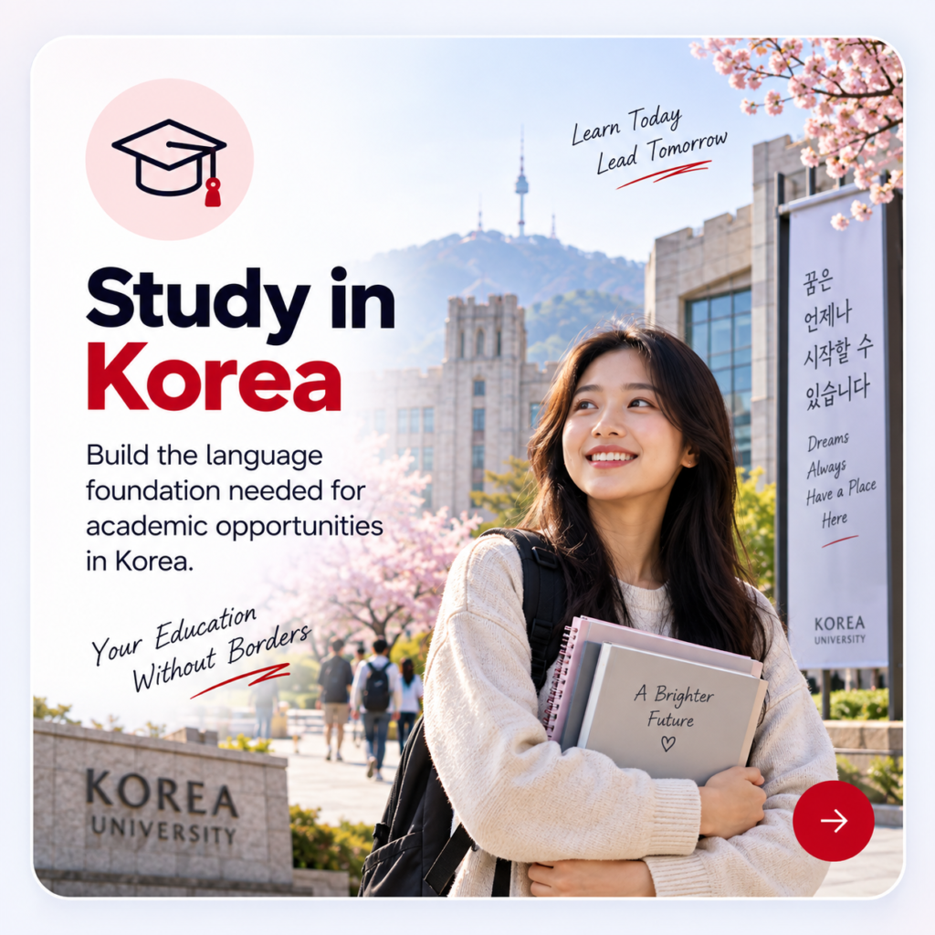 Study in Korea visual showing a student learning Korean for academic opportunities at Korean universities