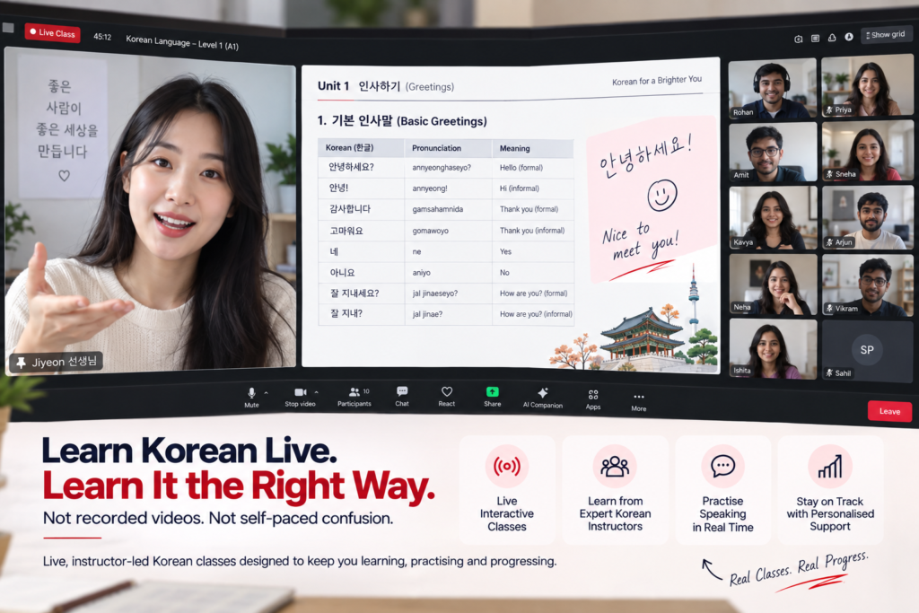 Live online Korean class with an instructor teaching Korean greetings to students through an interactive virtual classroom