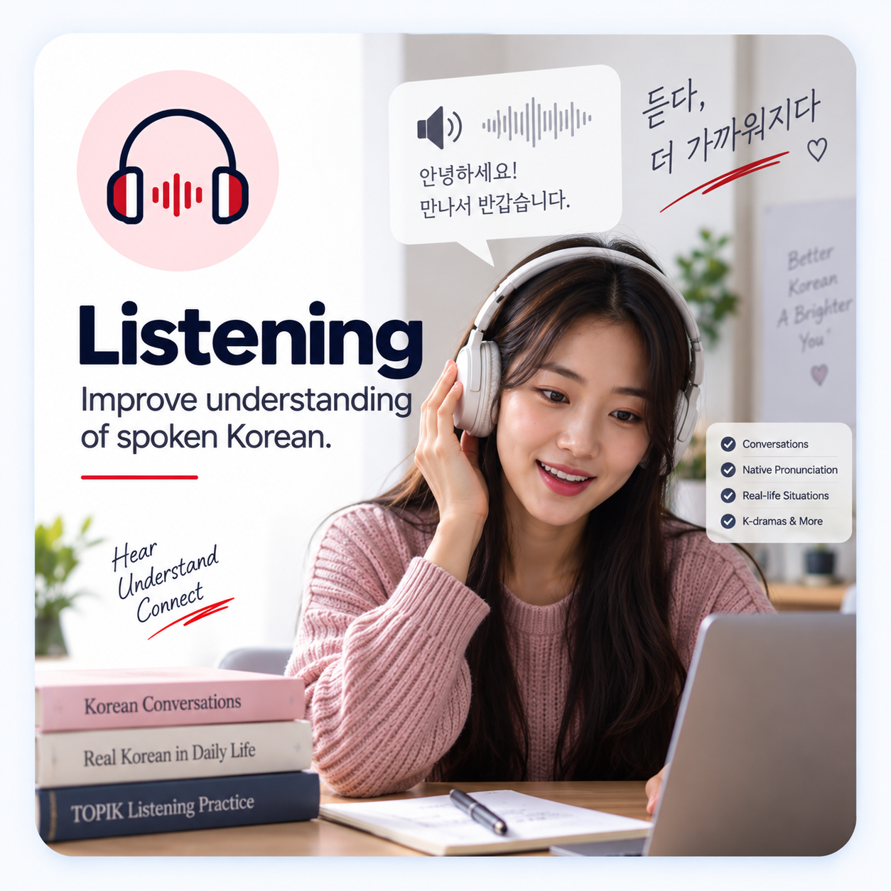 Korean language learner practicing listening skills with headphones to improve understanding of spoken Korean