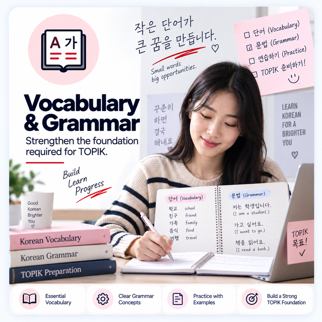 Korean language learner studying vocabulary and grammar to build a strong foundation for TOPIK