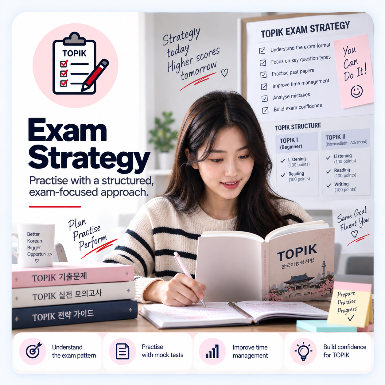 Korean language learner preparing for the TOPIK exam with structured practice, mock tests and exam strategies